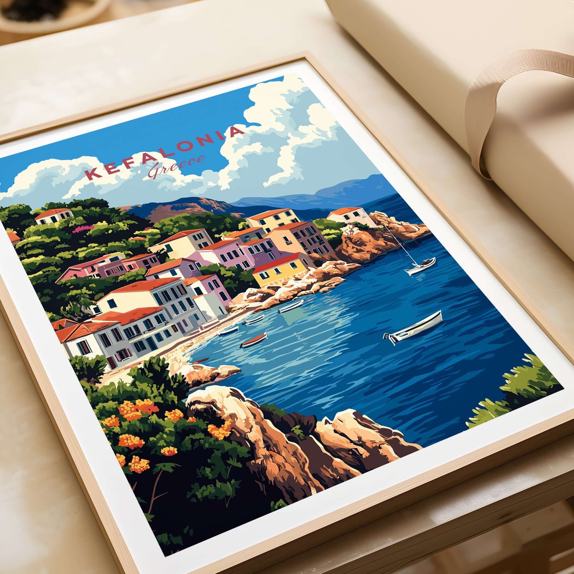 Kefalonia Art Print showcasing vibrant coastal scenery and colorful village landscapes from the Greek island.