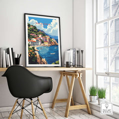 Kefalonia Art Print displayed in a bright room with a desk and chair, showcasing vibrant landscapes of the Greek island.