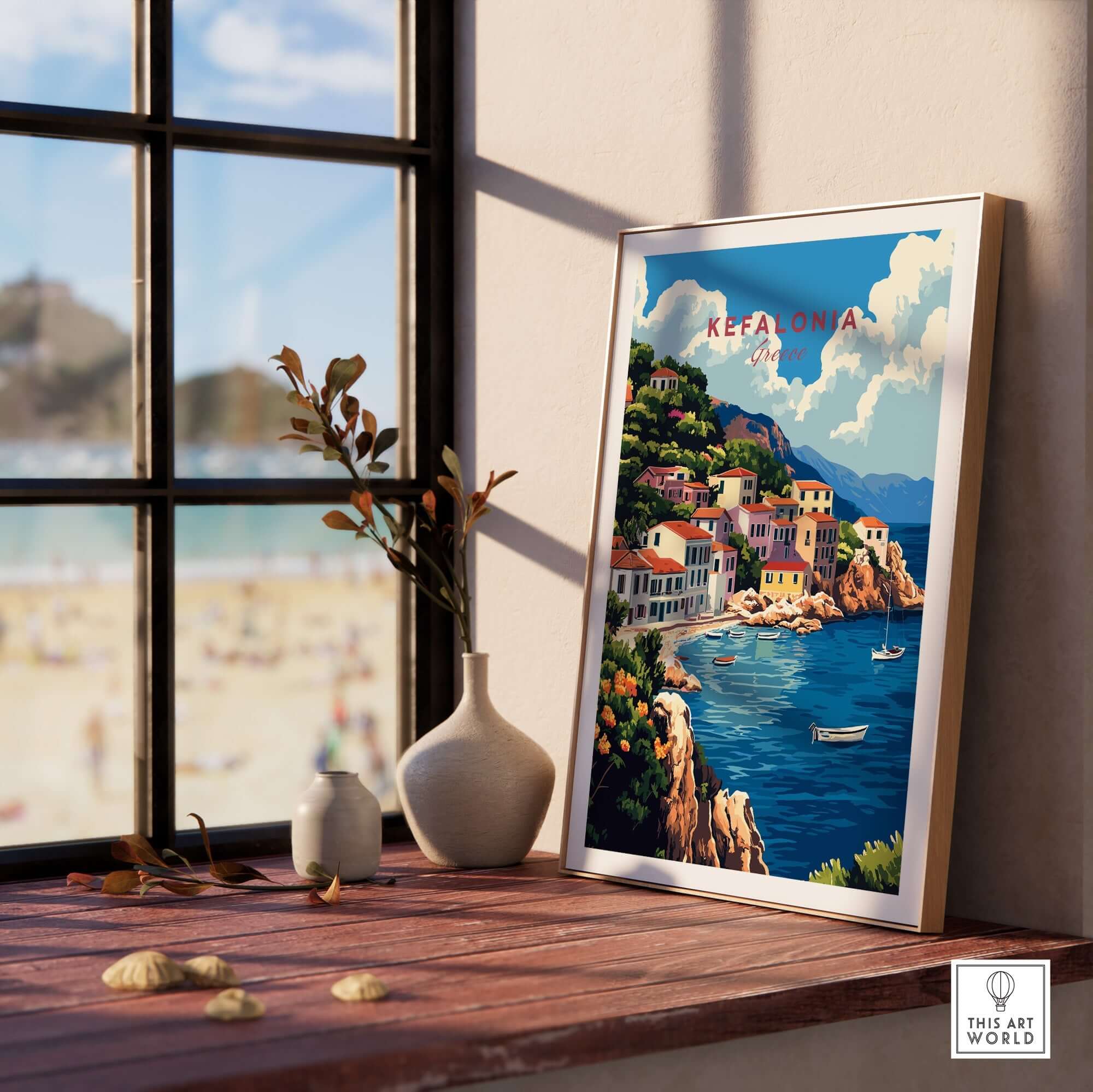 Kefalonia Art Print showcasing vibrant landscapes and scenic beauty of Kefalonia displayed in a cozy room.