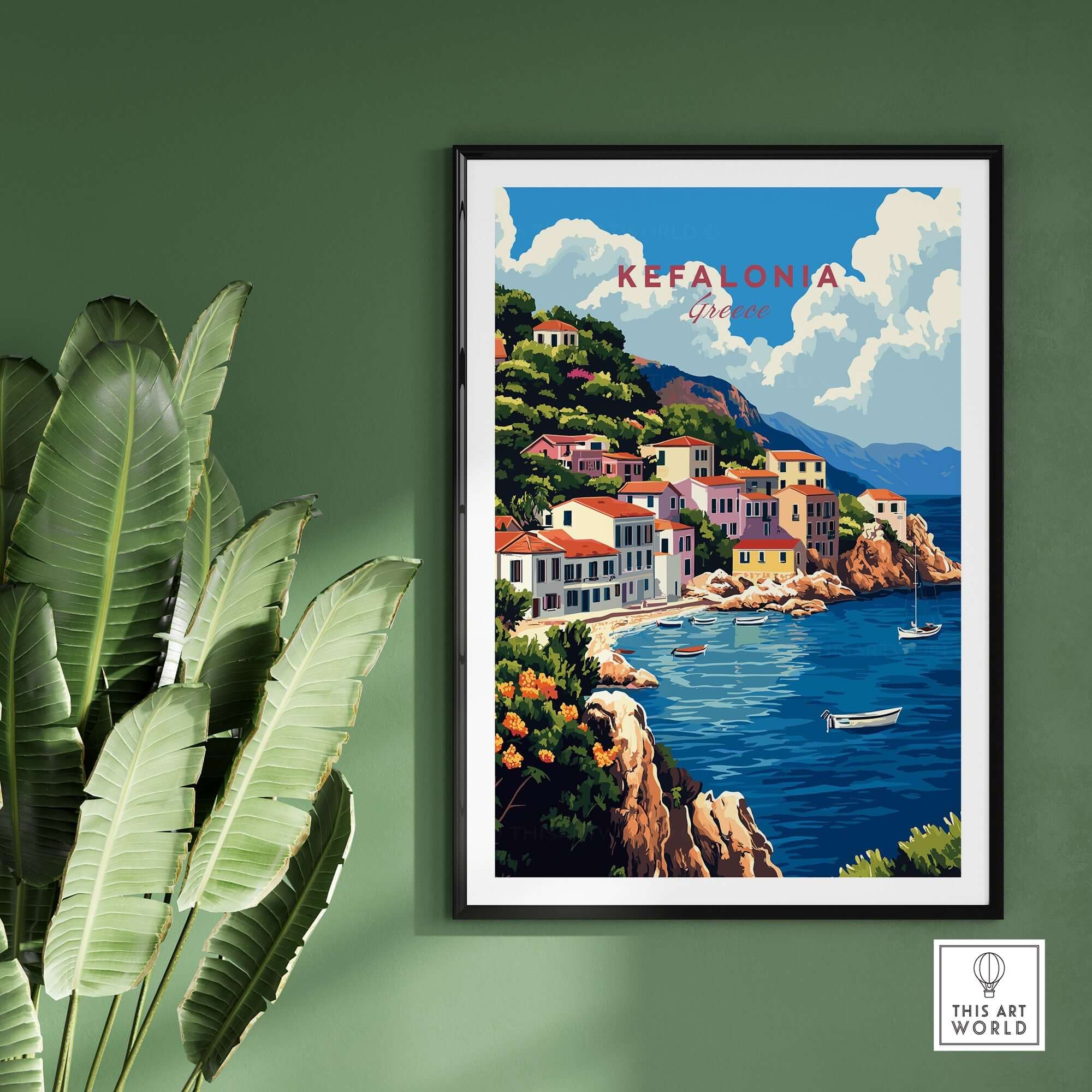 Kefalonia Art Print showcasing vibrant coastal scenery and colorful buildings on the Greek island.