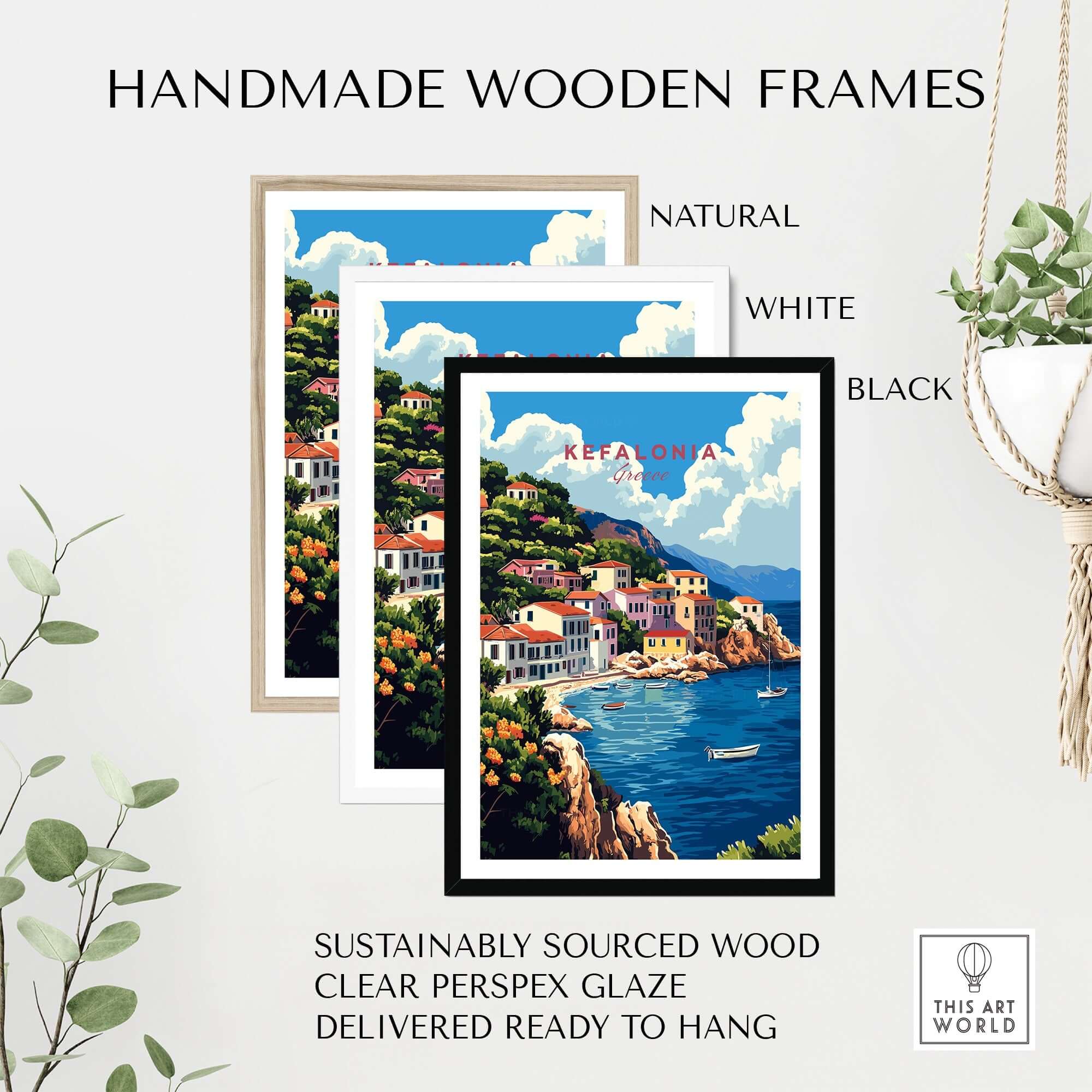 Kefalonia Art Print displayed in handmade wooden frames: natural, white, and black options, emphasizing vibrant Greek landscapes.