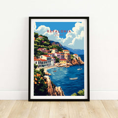Kefalonia Art Print showcasing a vibrant coastal landscape with colorful buildings and boats in a serene sea.