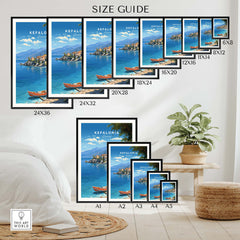 Kefalonia Greece Travel Print size guide showing various frame sizes and prints with a coastal design.