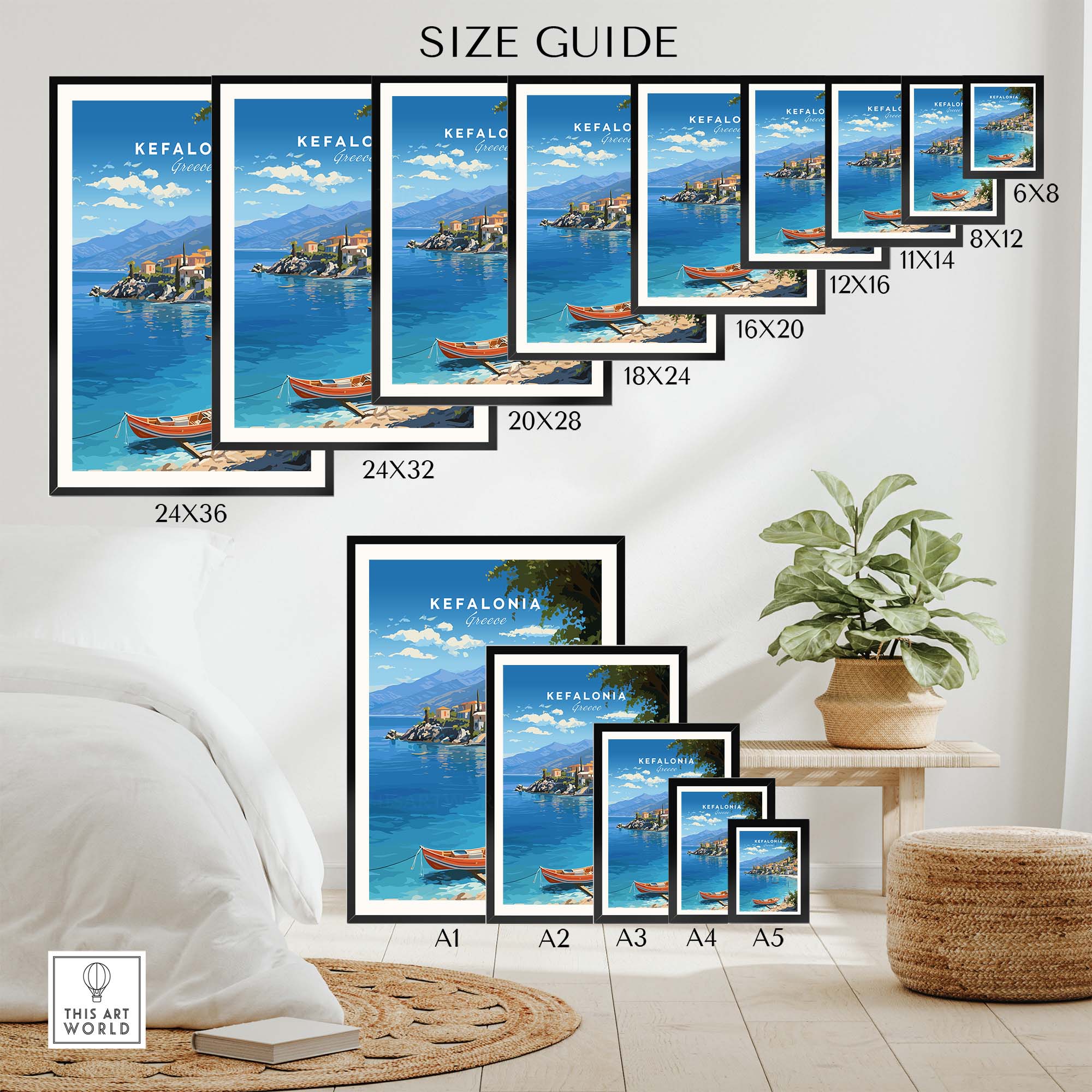 Kefalonia Greece Travel Print size guide showing various frame sizes and prints with a coastal design.