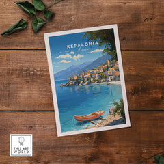 Kefalonia Greece Travel Print featuring a scenic view of crystal blue waters and charming villages.
