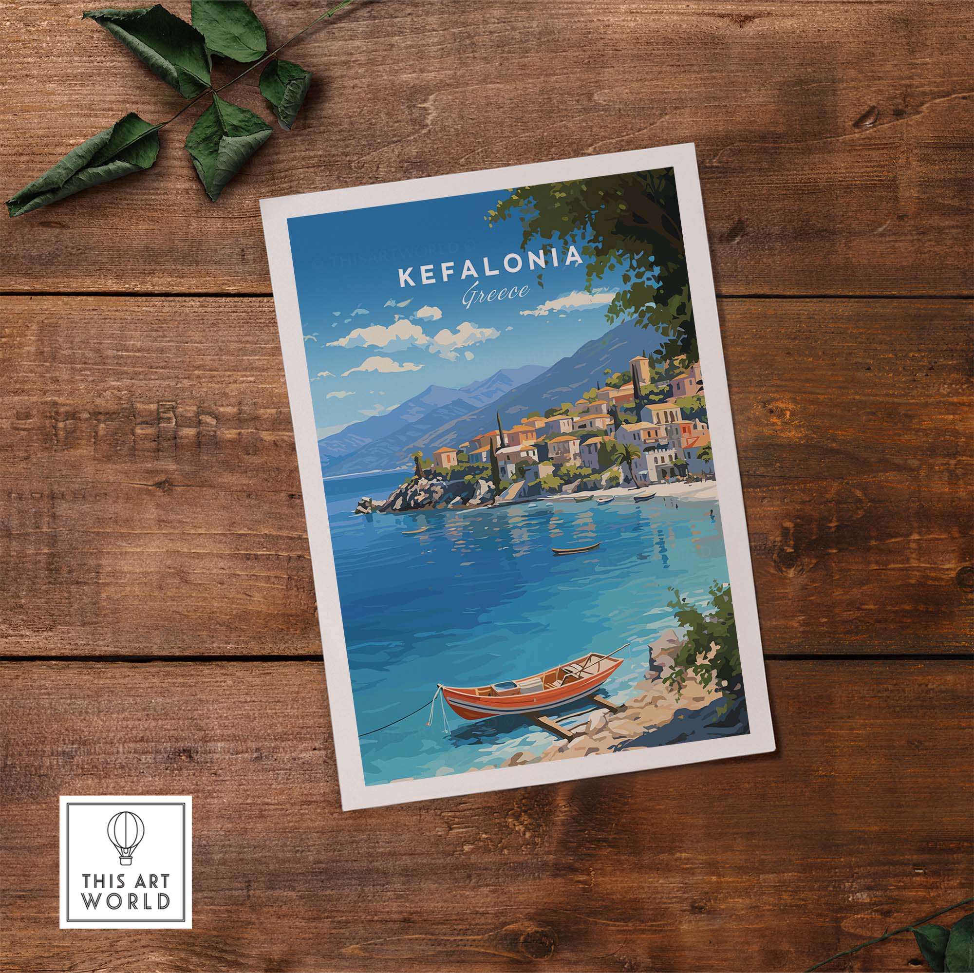 Kefalonia Greece Travel Print featuring a scenic view of crystal blue waters and charming villages.