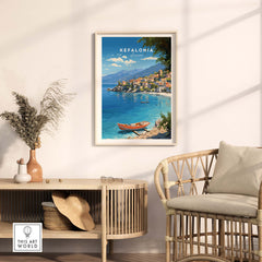 Kefalonia Greece Travel Print featuring crystal blue waters and charming village scenery.