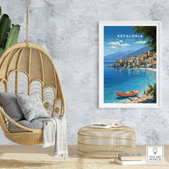 Kefalonia Greece Travel Print showcasing the island's beauty with crystal blue waters and charming villages.