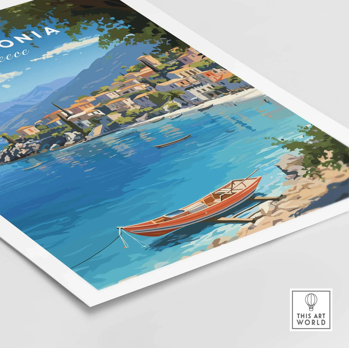 Kefalonia Greece Travel Print showcasing a vibrant scene of a boat on crystal blue waters with charming village in background.
