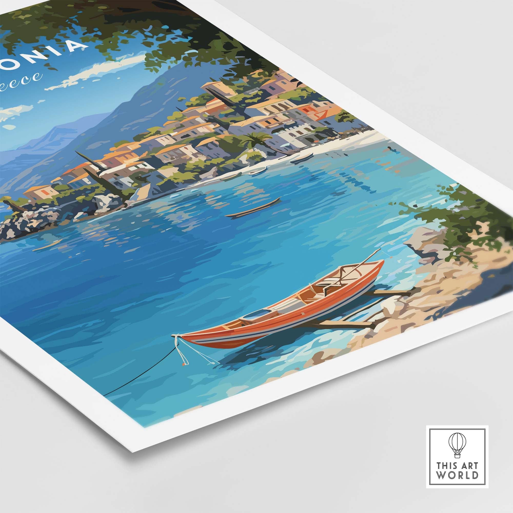 Kefalonia Greece Travel Print showcasing a vibrant scene of a boat on crystal blue waters with charming village in background.