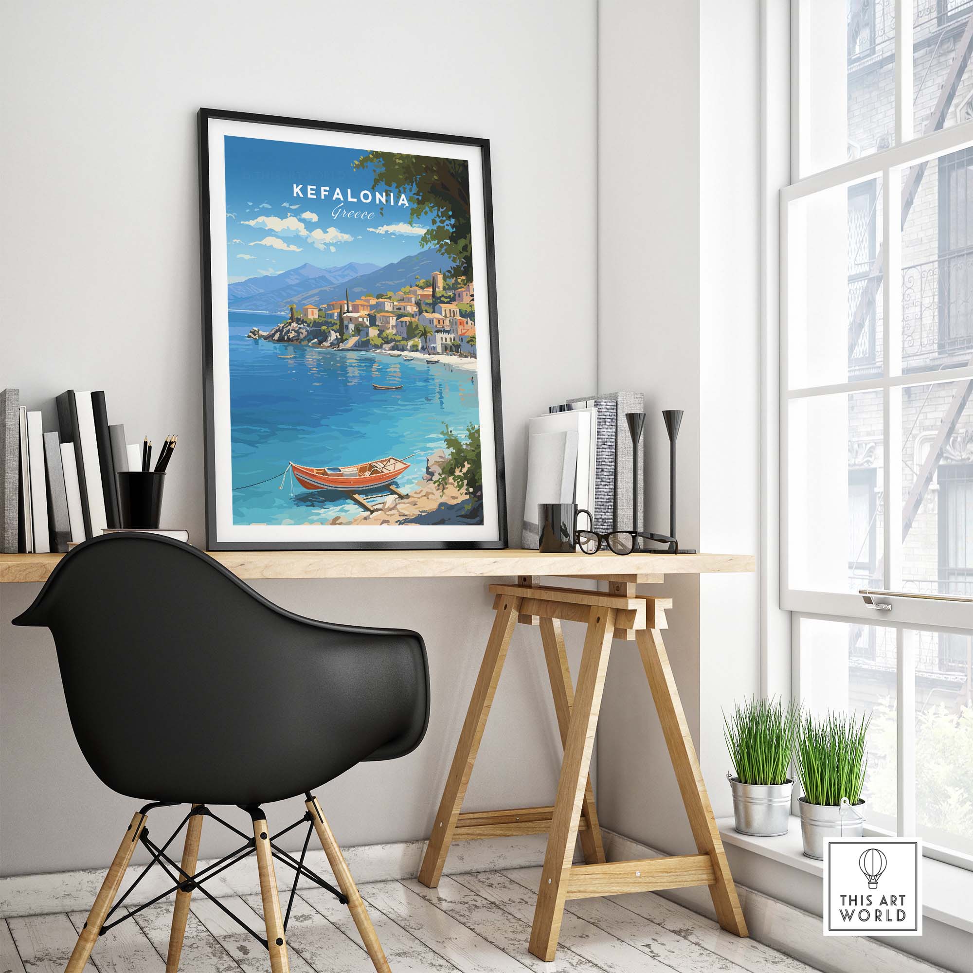 Kefalonia Greece Travel Print showcased in a stylish interior with scenic coastal art and modern decor.