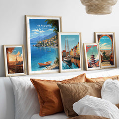 Kefalonia Greece Travel Print collection of vibrant art prints showcasing stunning landscapes and charming villages.