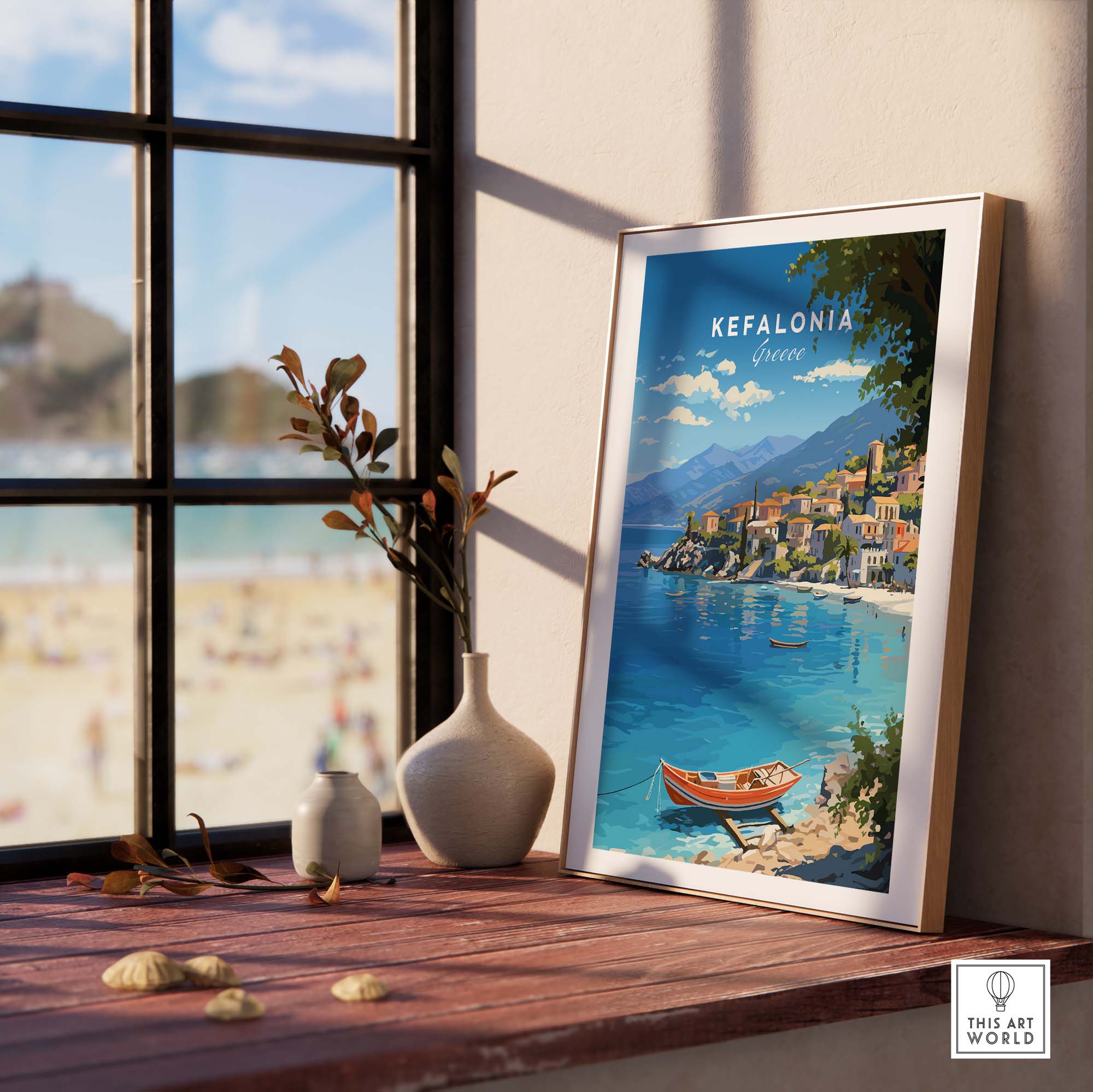 Kefalonia Greece Travel Print featuring vibrant scenery and charming villages, perfect for home decor.