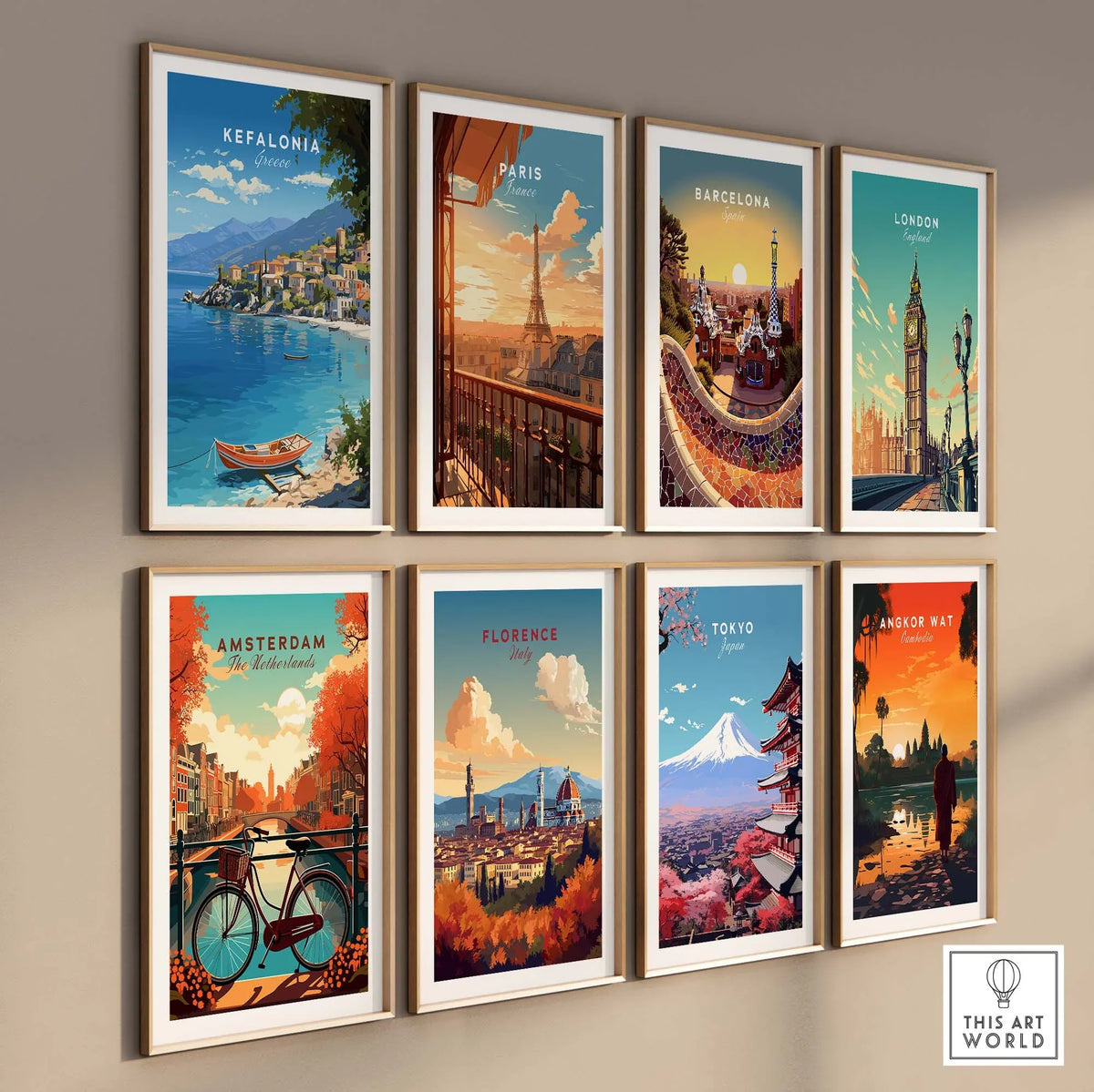 Kefalonia Greece Travel Print collage with other city art prints, showcasing vibrant travel destinations.
