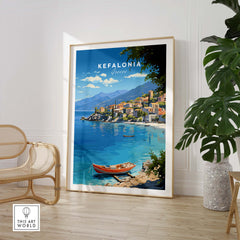 Kefalonia Greece Travel Print featuring crystal blue waters and charming villages, perfect for inspiring adventure.