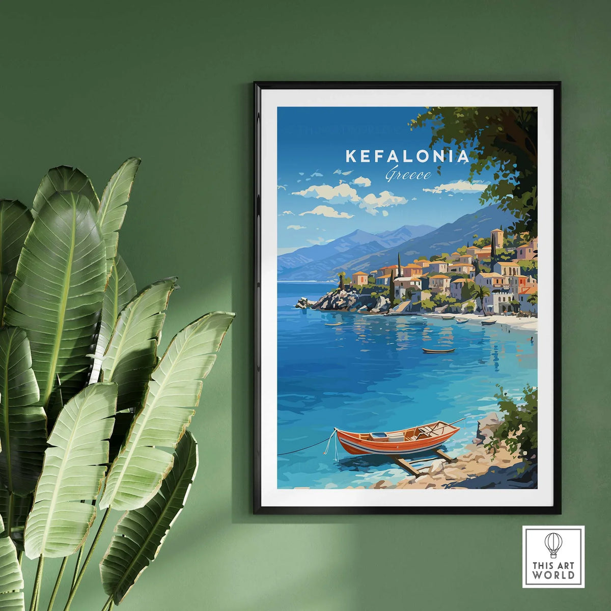 Kefalonia Greece Travel Print showcasing crystal blue waters and charming villages on a vibrant art print.