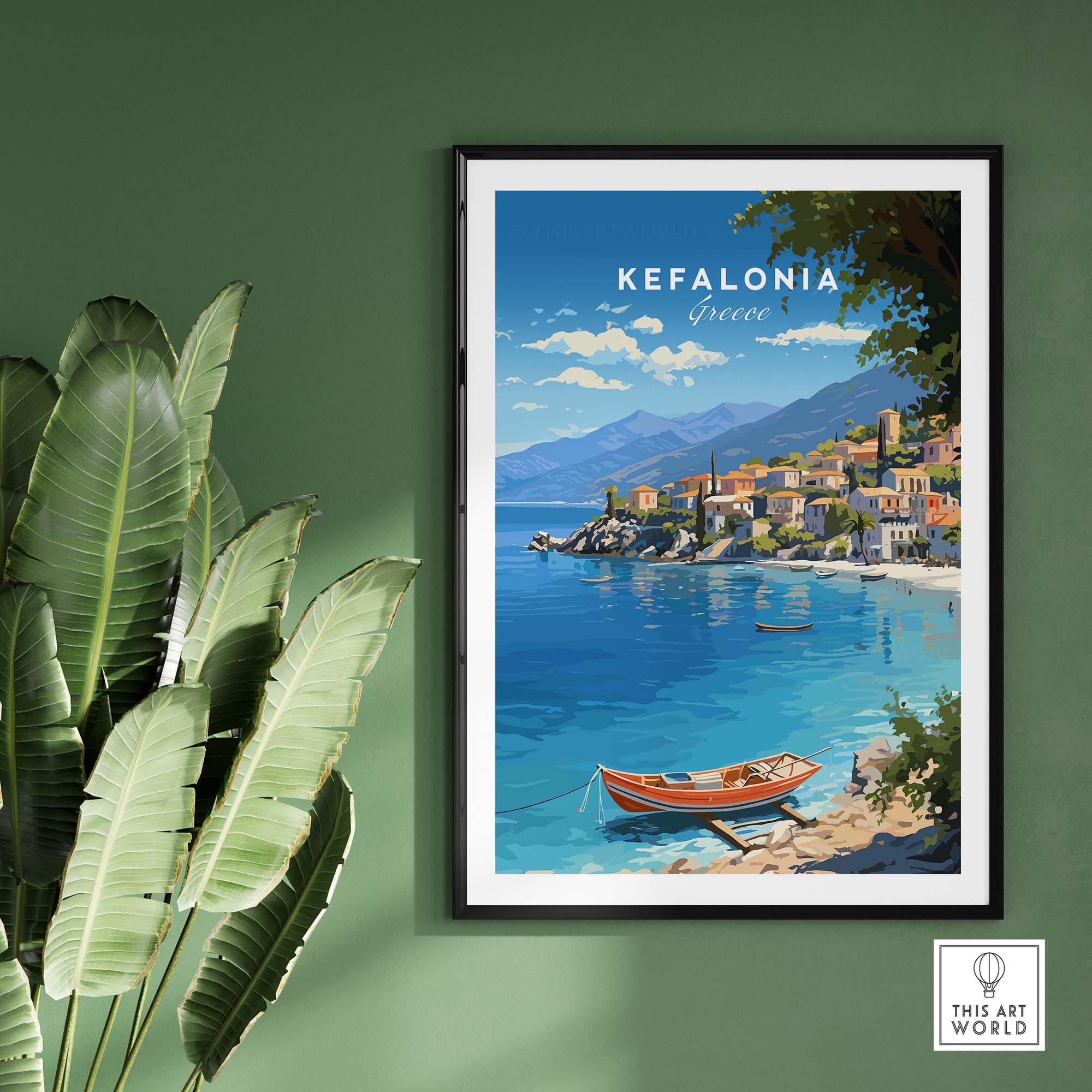 Kefalonia Greece Travel Print showcasing crystal blue waters and charming villages on a vibrant art print.