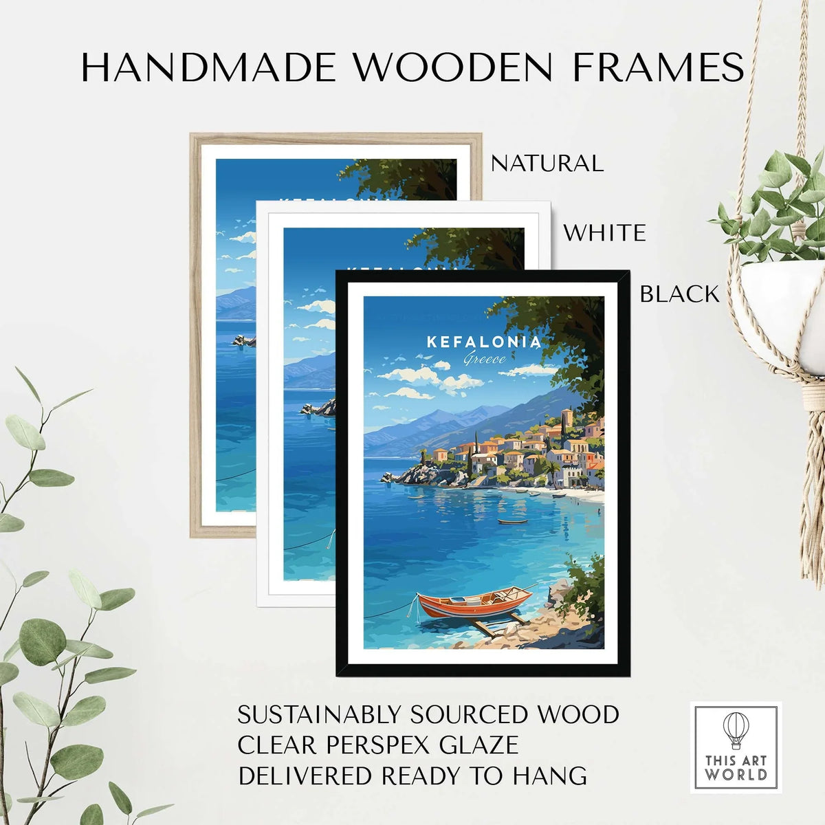 Kefalonia Greece Travel Print showcased in three handmade wooden frames, natural, white, and black, with vibrant blue waters.