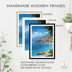 Kefalonia Greece Travel Print showcased in three handmade wooden frames, natural, white, and black, with vibrant blue waters.