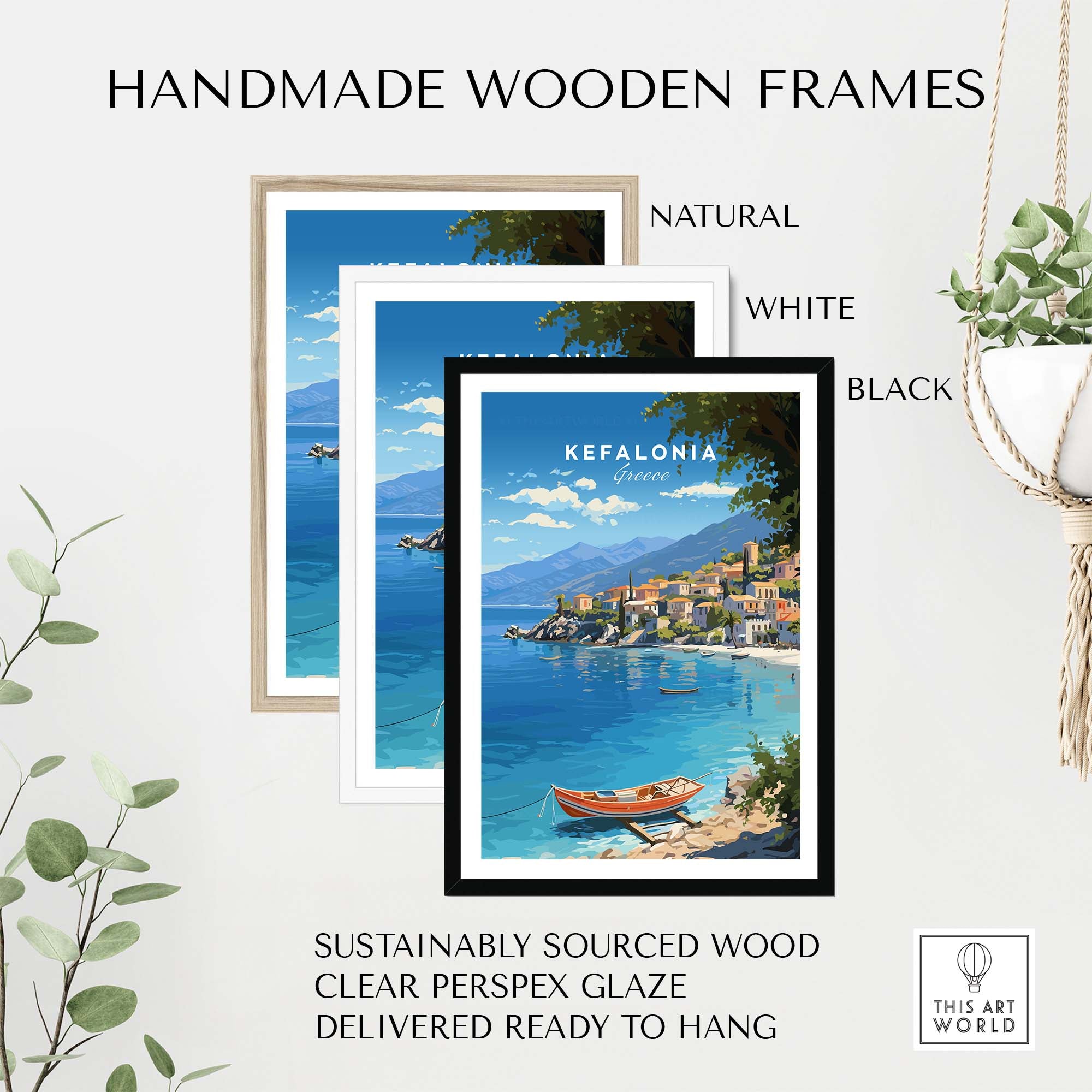 Kefalonia Greece Travel Print showcased in three handmade wooden frames, natural, white, and black, with vibrant blue waters.