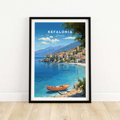 Kefalonia Greece Travel Print featuring a coastal scene with a boat and vibrant island village.