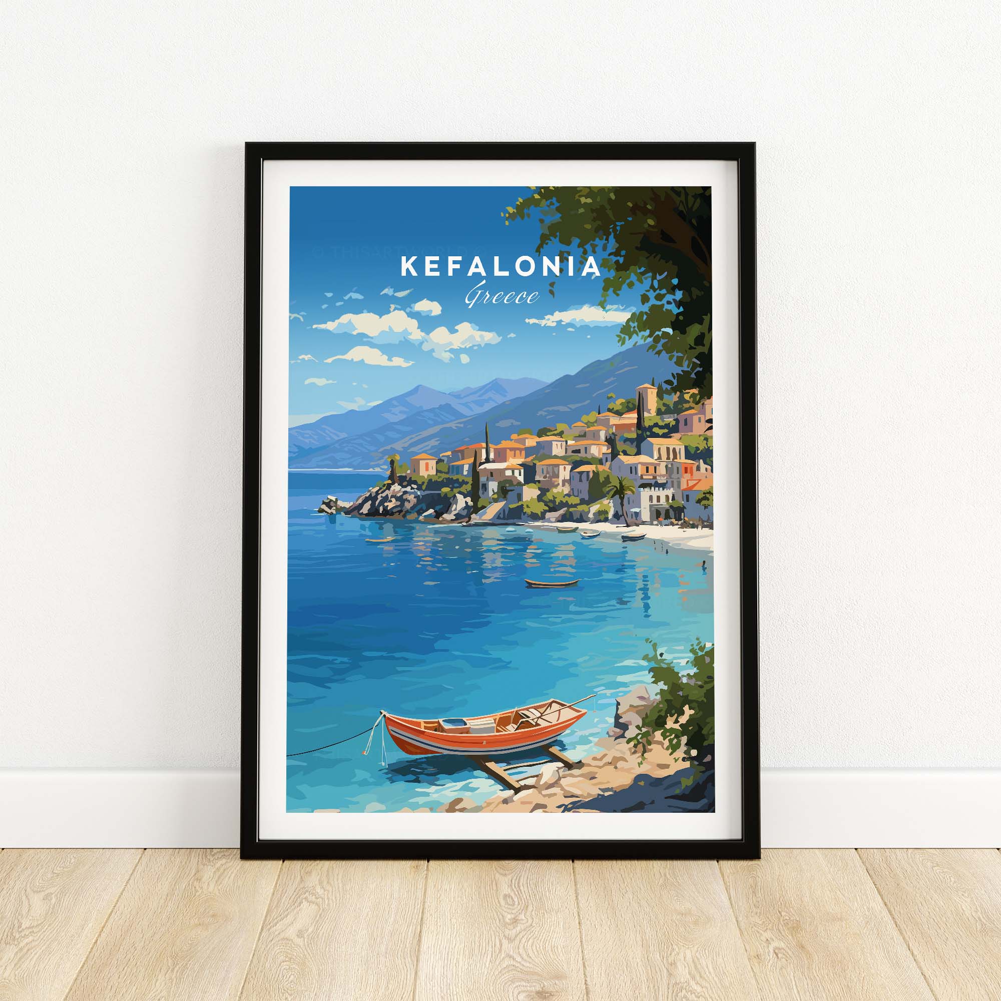 Kefalonia Greece Travel Print featuring a coastal scene with a boat and vibrant island village.