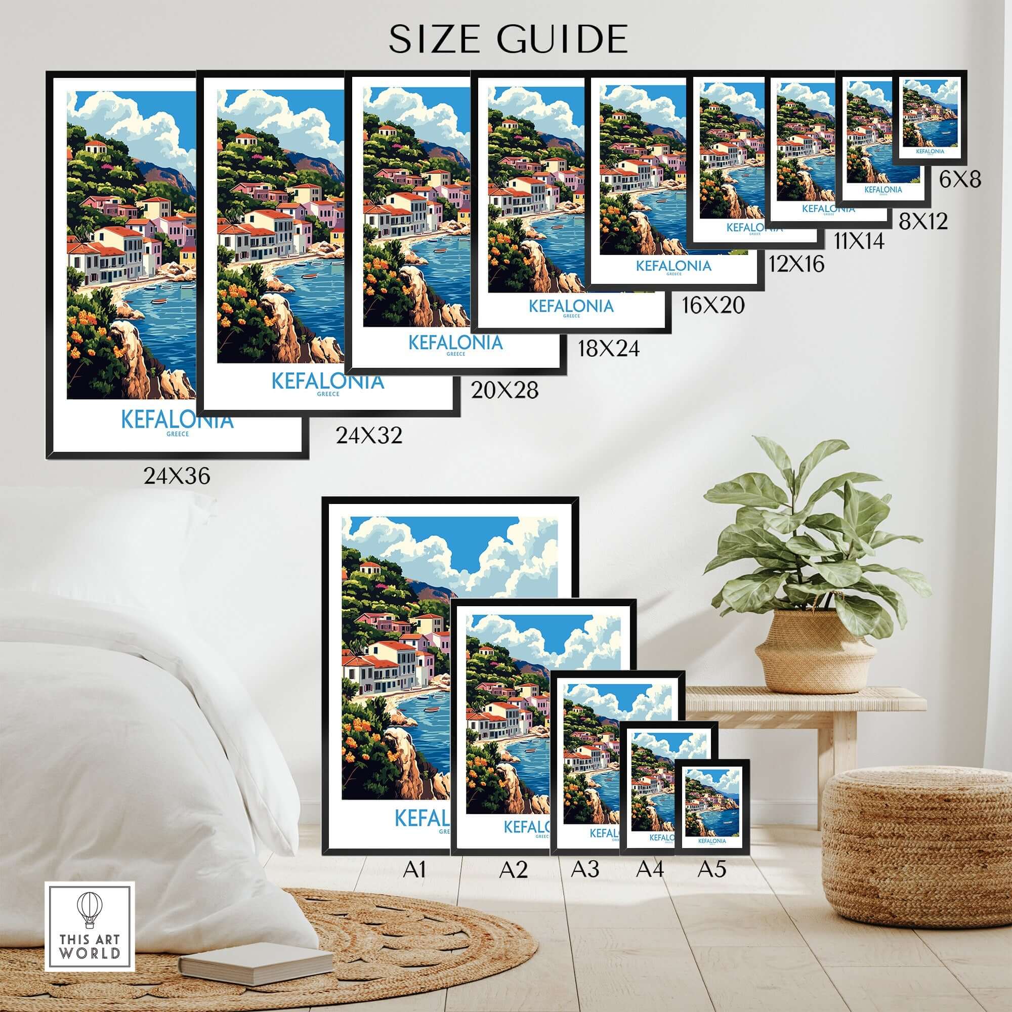 Kefalonia Art Print size guide featuring various dimensions for art prints of the Greek island Kefalonia.