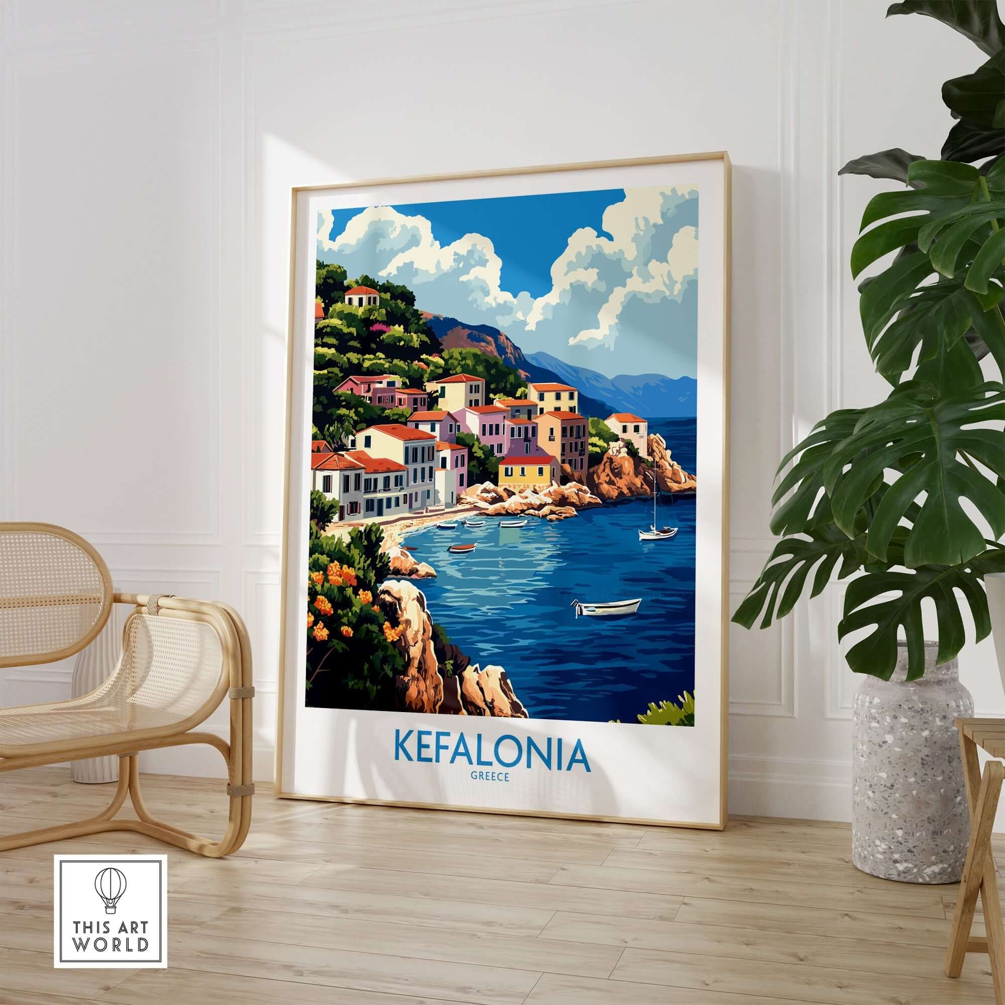 Kefalonia Art Print featuring vibrant colors of Greek coastline with charming village and boats.