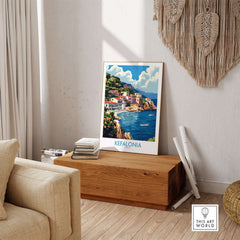 Kefalonia Art Print featuring vibrant colors and intricate details of a Greek coastal village.