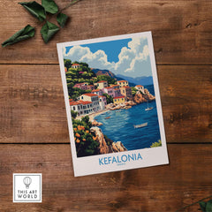 Kefalonia Art Print showcasing vibrant colors of the Greek island coastline with quaint houses and boats.