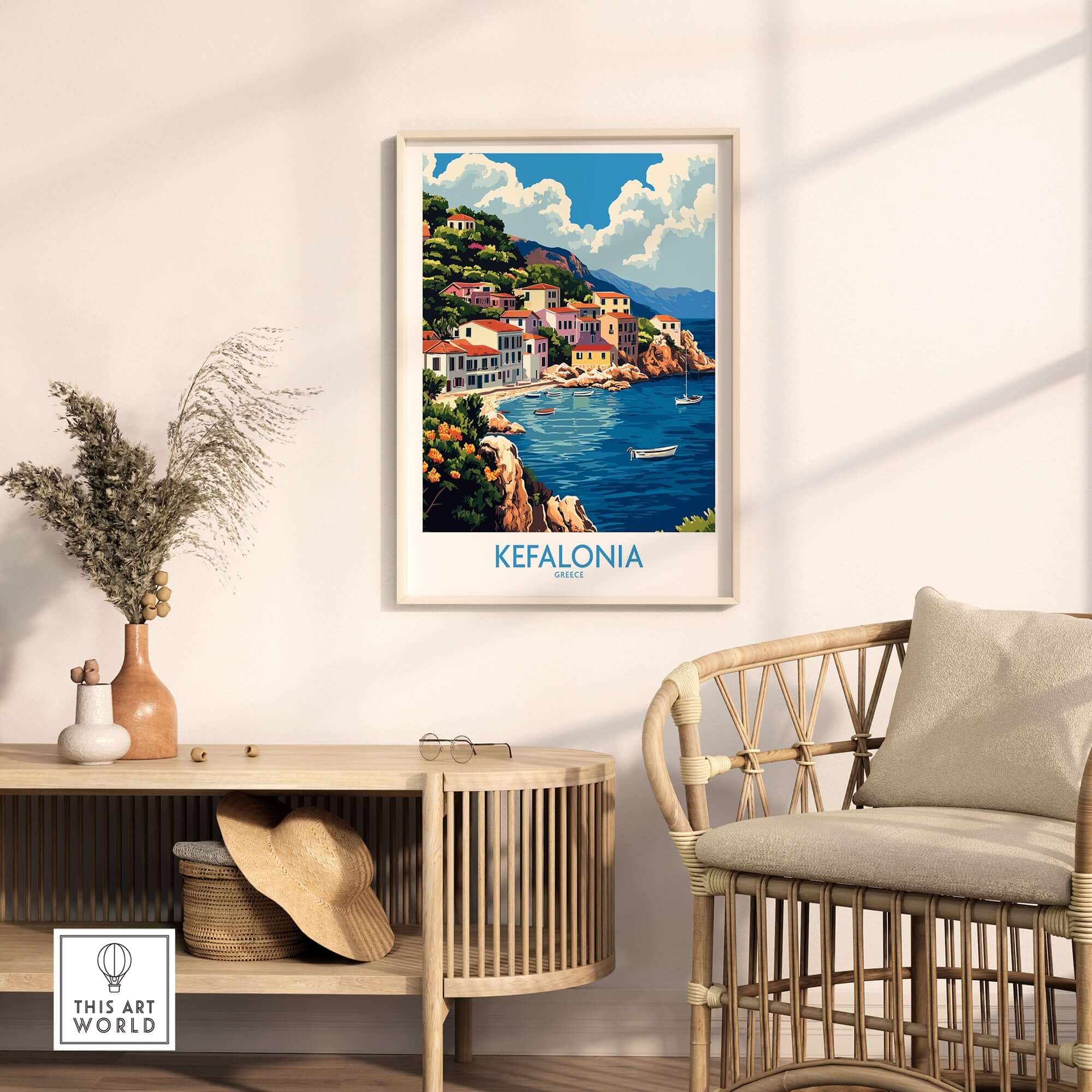 Kefalonia Art Print showcasing a picturesque Greek island scene with vibrant colors and elegant design.