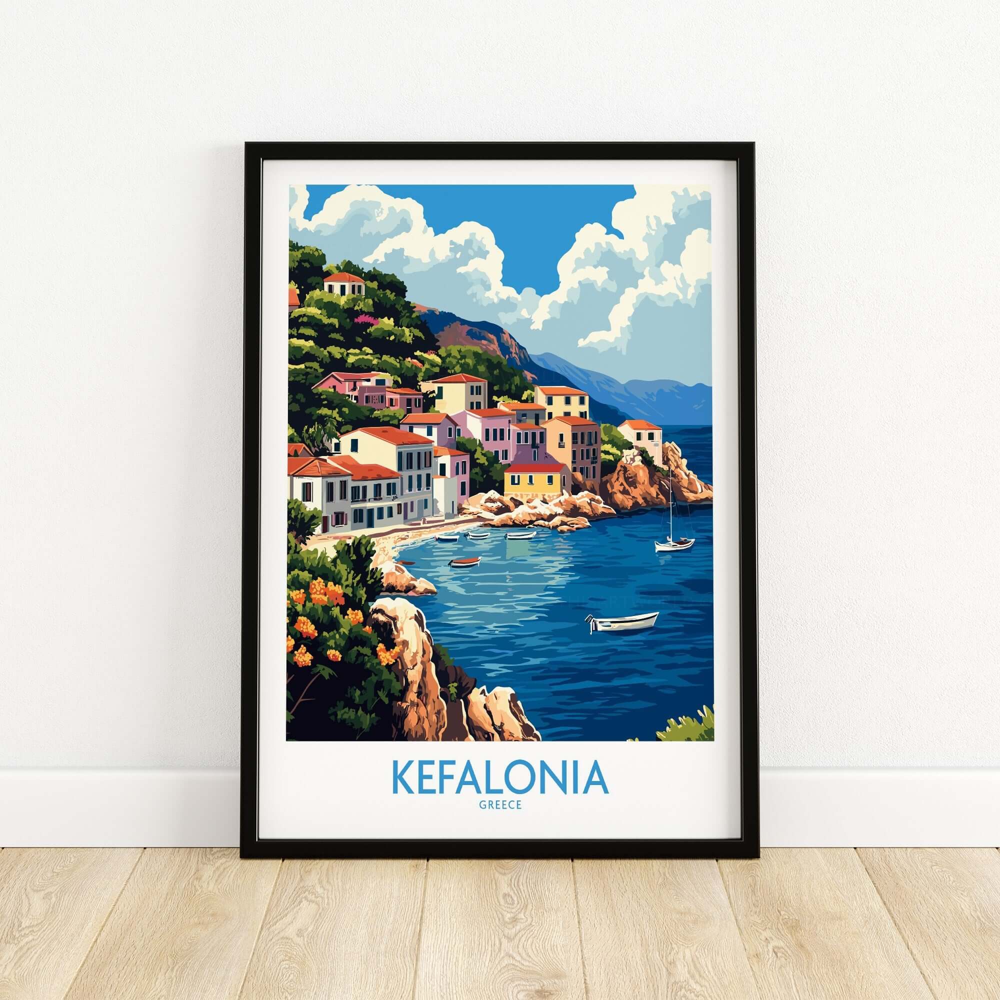 Kefalonia Art Print showcasing vibrant colors of the Greek island's coastal town in a framed poster.