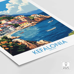 Kefalonia Art Print featuring vibrant coastal scenery and colorful houses in Greece.