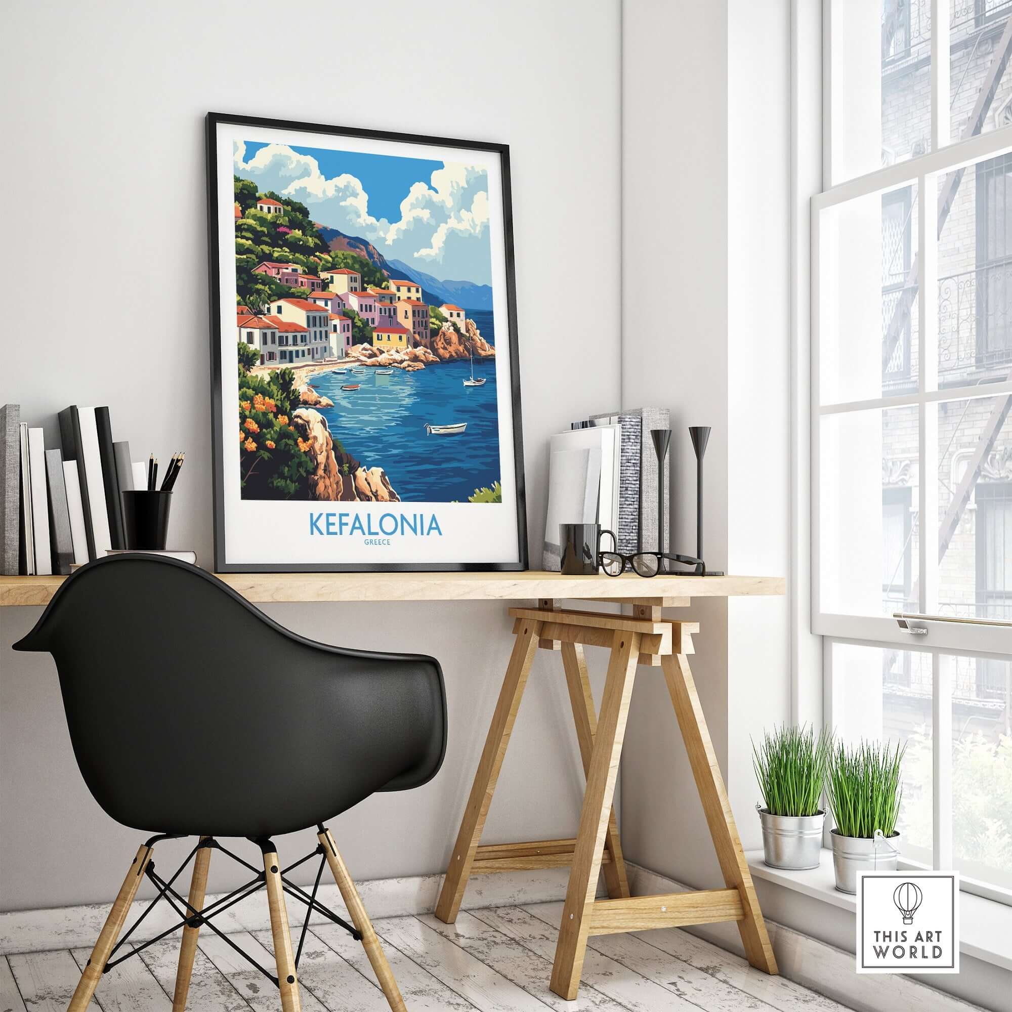 Kefalonia Art Print displayed in a stylish home office, showcasing vibrant colors and intricate details of Kefalonia.