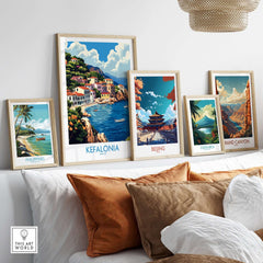 Kefalonia Art Print displayed among travel art prints, showcasing Greek island beauty and vibrant colors.
