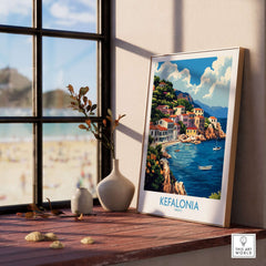 Kefalonia Art Print showcasing vibrant colors and Greek coastal scenery in a stylish interior setting.