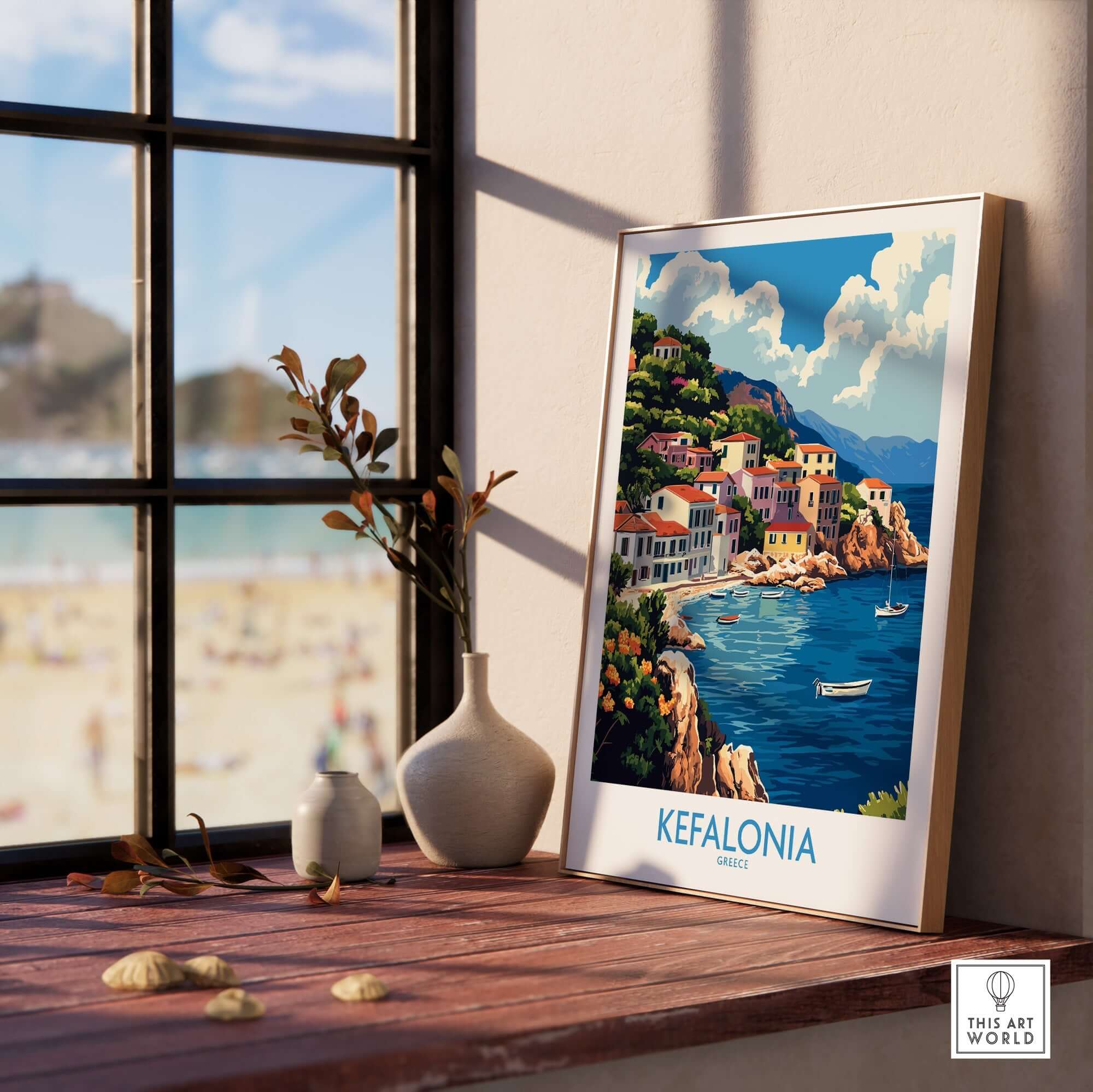 Kefalonia Art Print showcasing vibrant colors and Greek coastal scenery in a stylish interior setting.