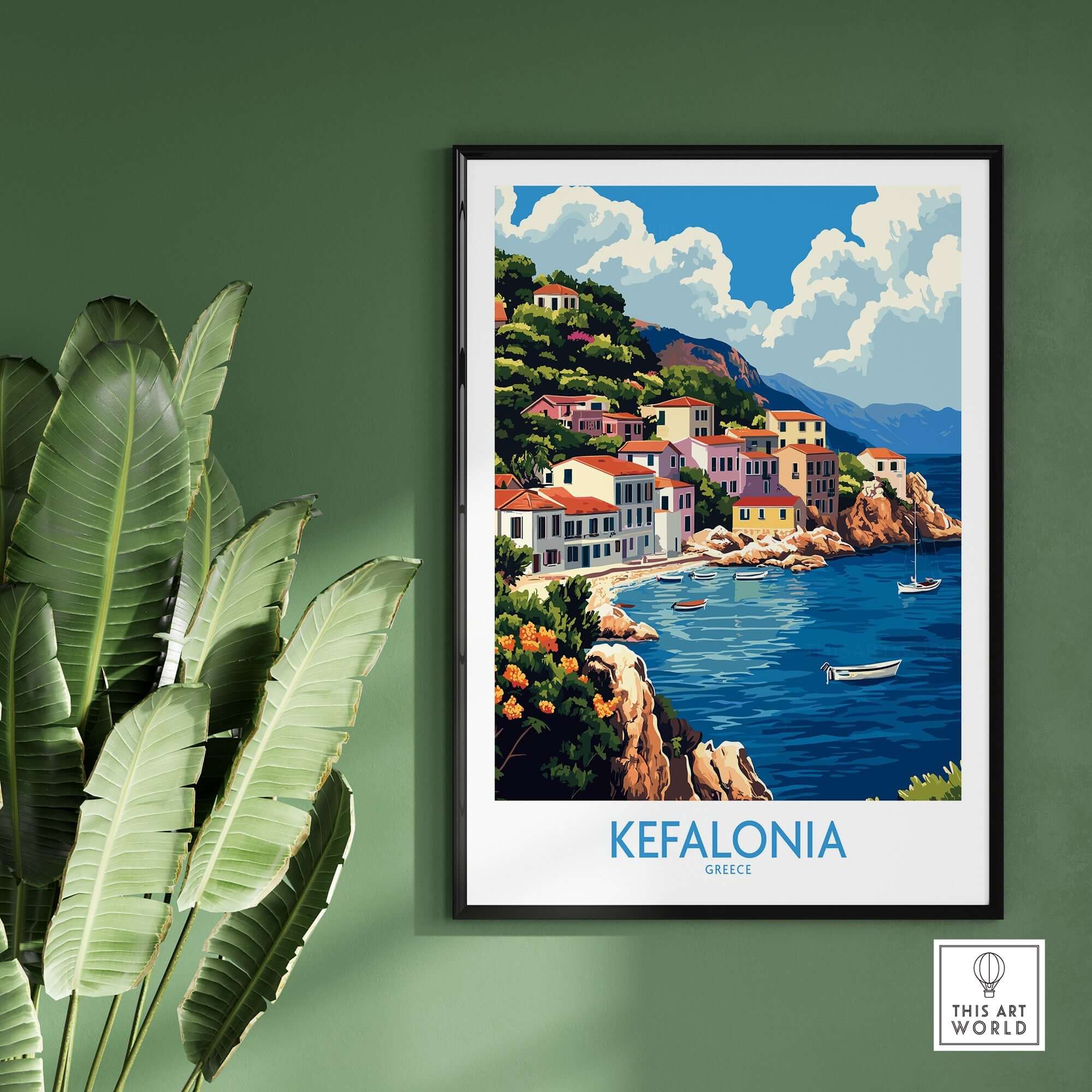 Kefalonia Art Print showcasing a colorful coastal village in Greece with vibrant details and serene waters.