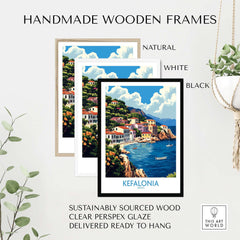 Kefalonia Art Print in handmade wooden frames: natural, white, and black options, ready to hang.