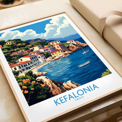 Kefalonia Art Print showcasing vibrant landscape of Kefalonia, Greece, with colorful houses and boats on the water.