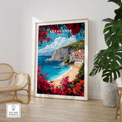 Kefalonia Travel Print Greece showcasing a vibrant coastal scene with flowers and a boat.