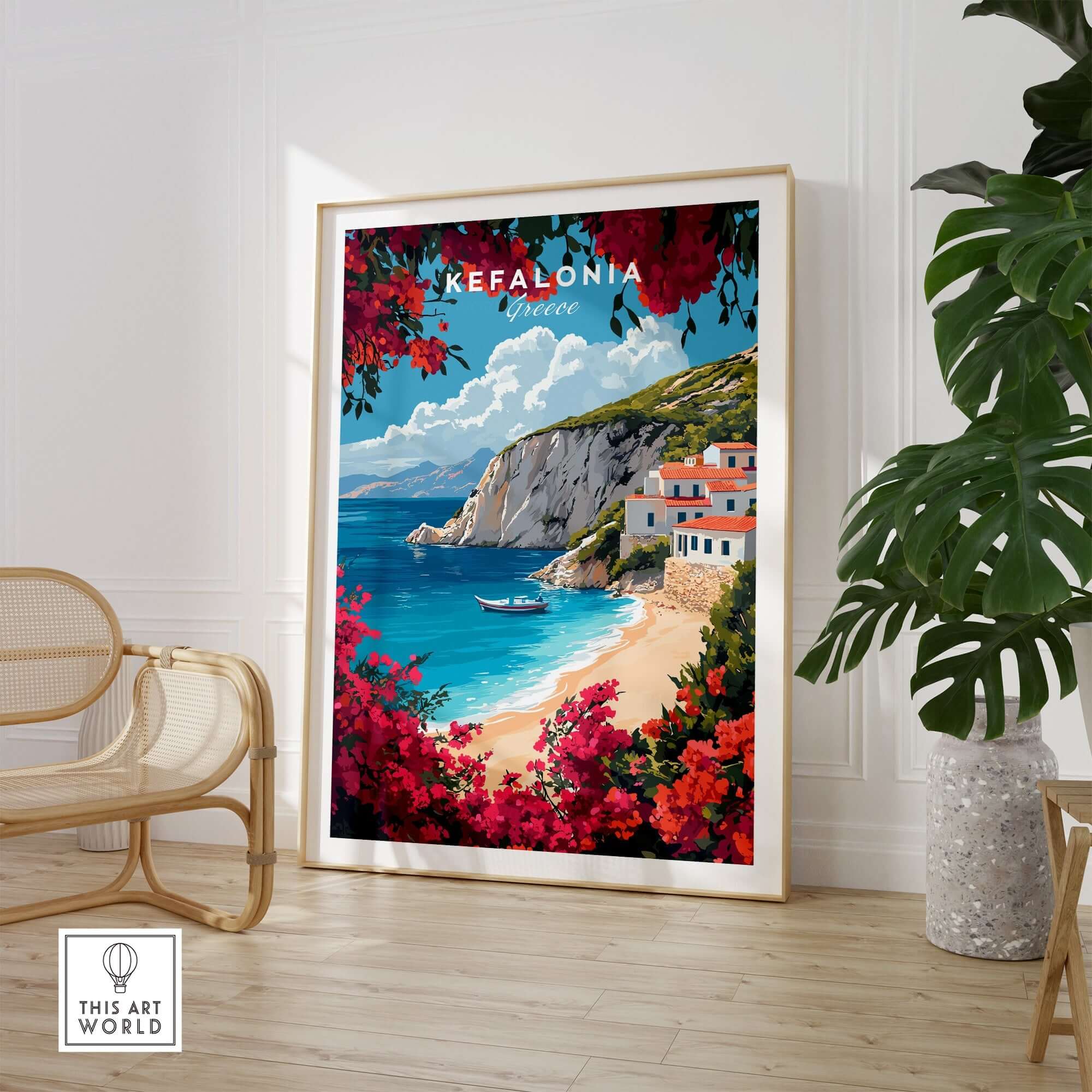 Kefalonia Travel Print Greece showcasing a vibrant coastal scene with flowers and a boat.