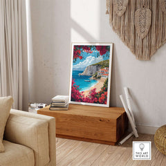 Kefalonia Travel Print Greece in a stylish living room setting with a coastal view.