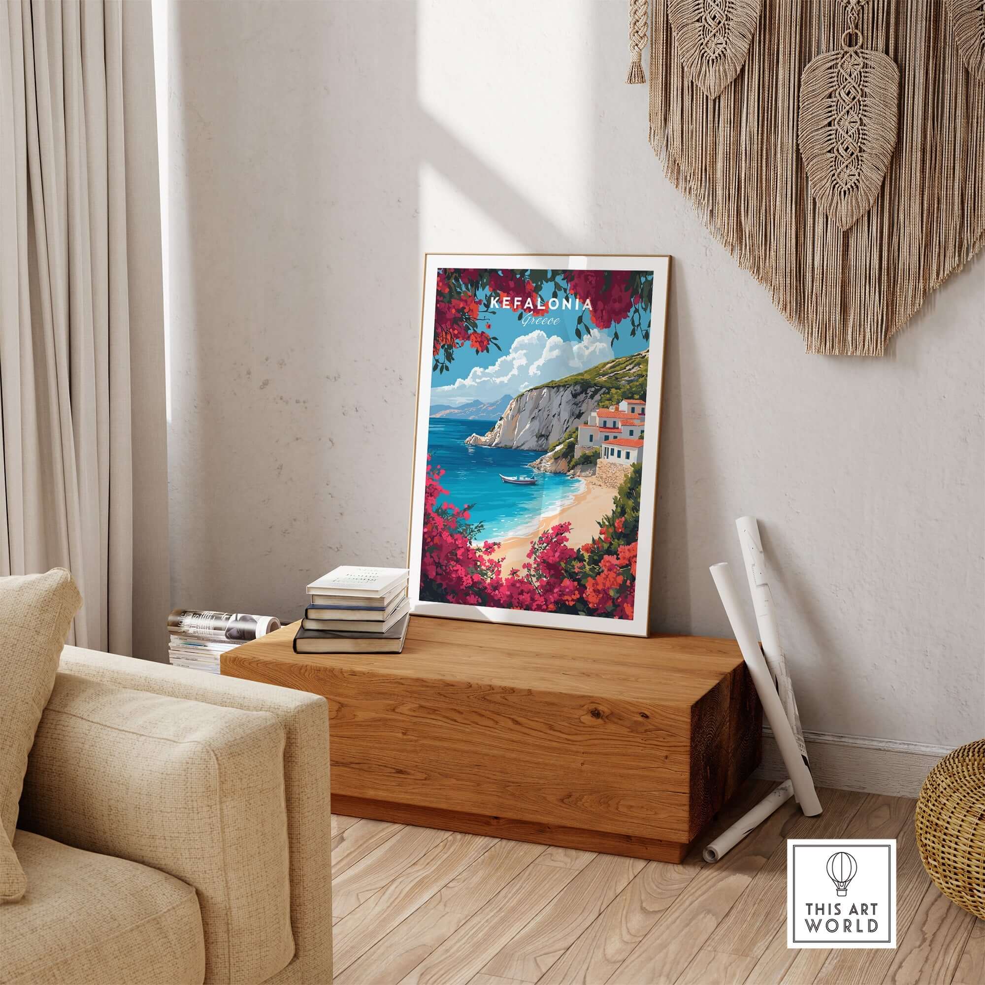 Kefalonia Travel Print Greece in a stylish living room setting with a coastal view.
