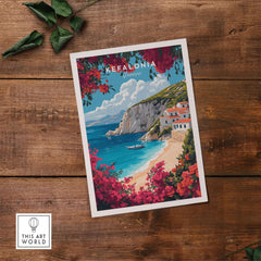 Kefalonia Travel Print Greece depicting a vibrant coastal scene with flowers and homes on a wooden table.