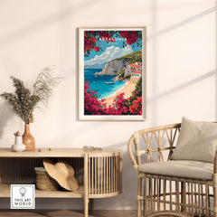 Kefalonia Travel Print Greece showcasing vibrant scenery of Kefalonia island in a modern living room.