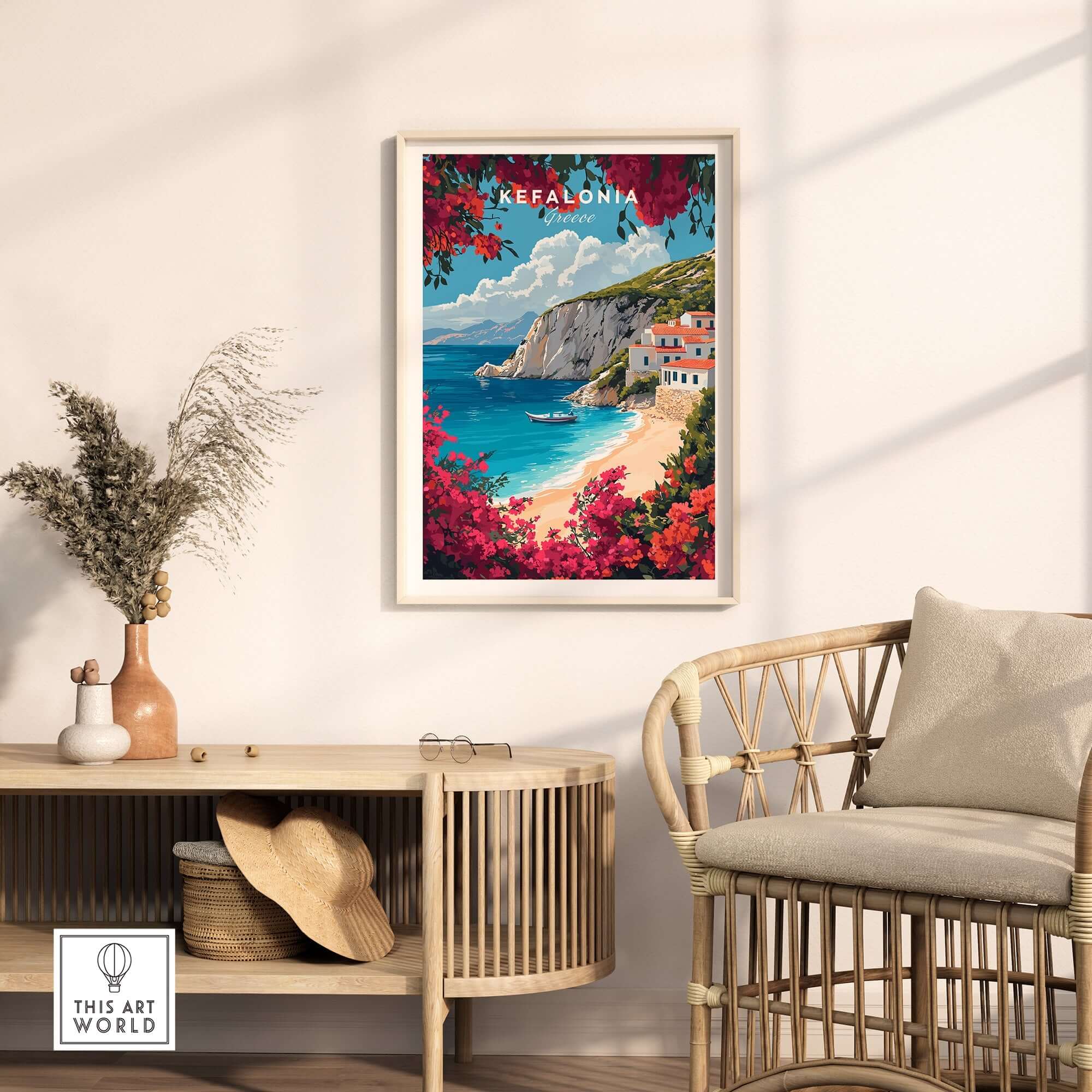 Kefalonia Travel Print Greece showcasing vibrant scenery of Kefalonia island in a modern living room.