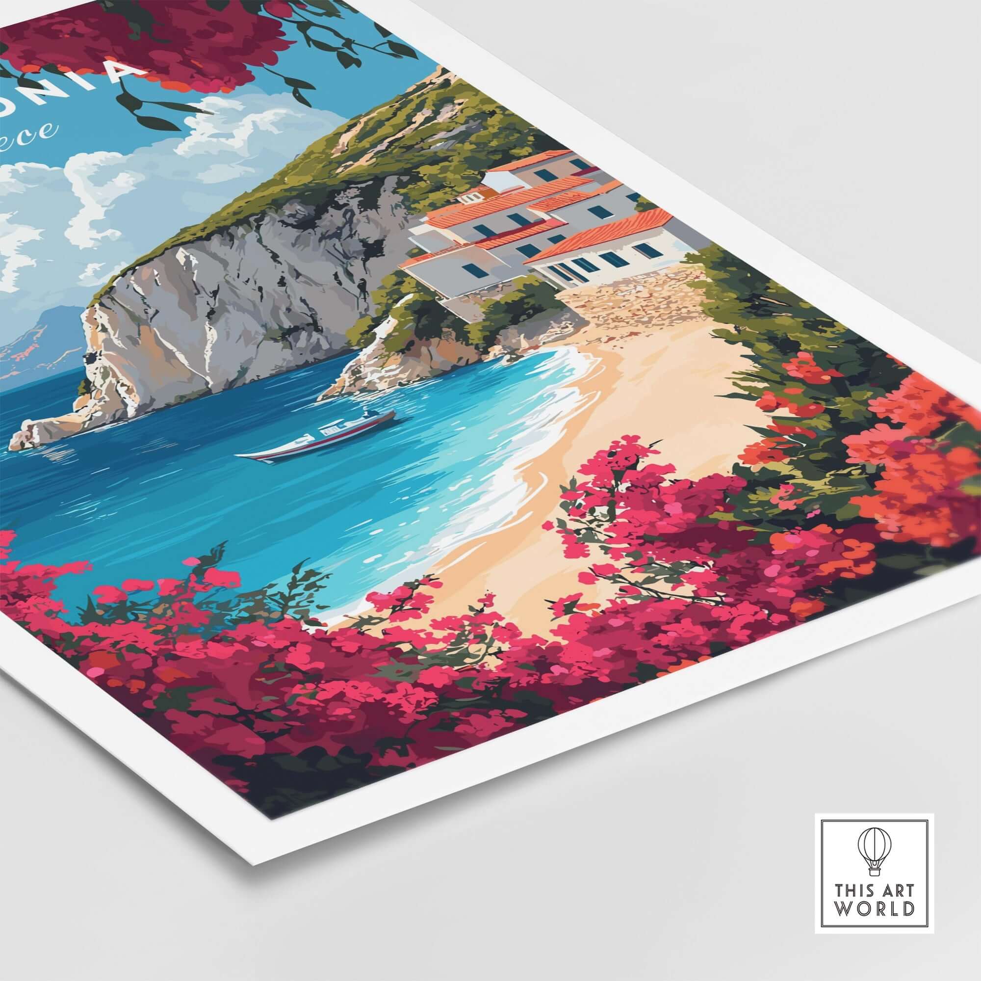 Kefalonia Travel Print Greece featuring vibrant beach scene and bright flowers, perfect for home decor.