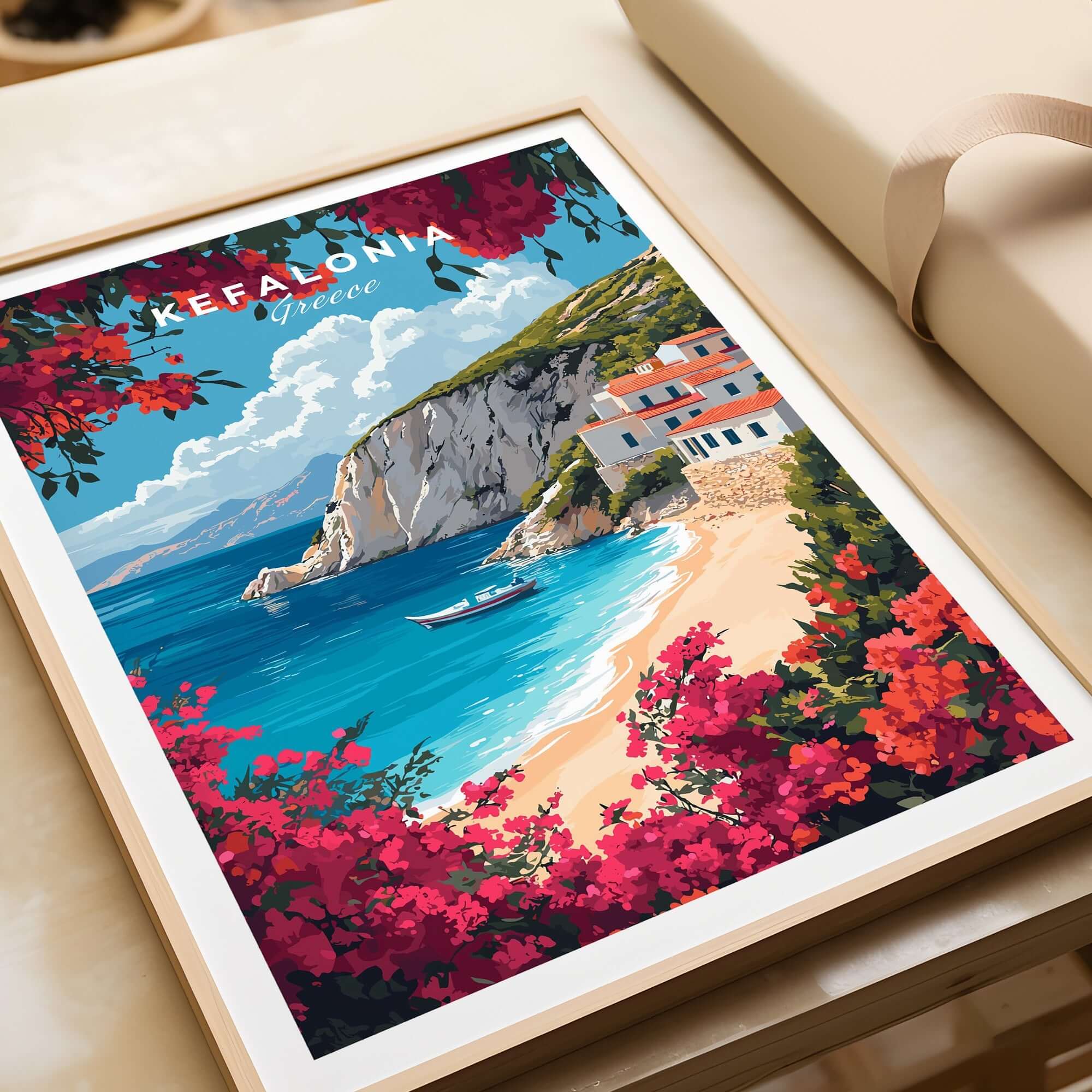 Kefalonia Travel Print Greece showcasing the stunning beach and vibrant flowers of the Greek island.