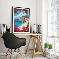 Kefalonia Travel Print Greece showcased in a bright office space, inspiring travel dreams.
